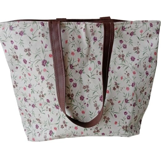 Floral Canvas Tote Bag with Brown Handles, Vintage Print Shopping Bag, Cream Background-image-9