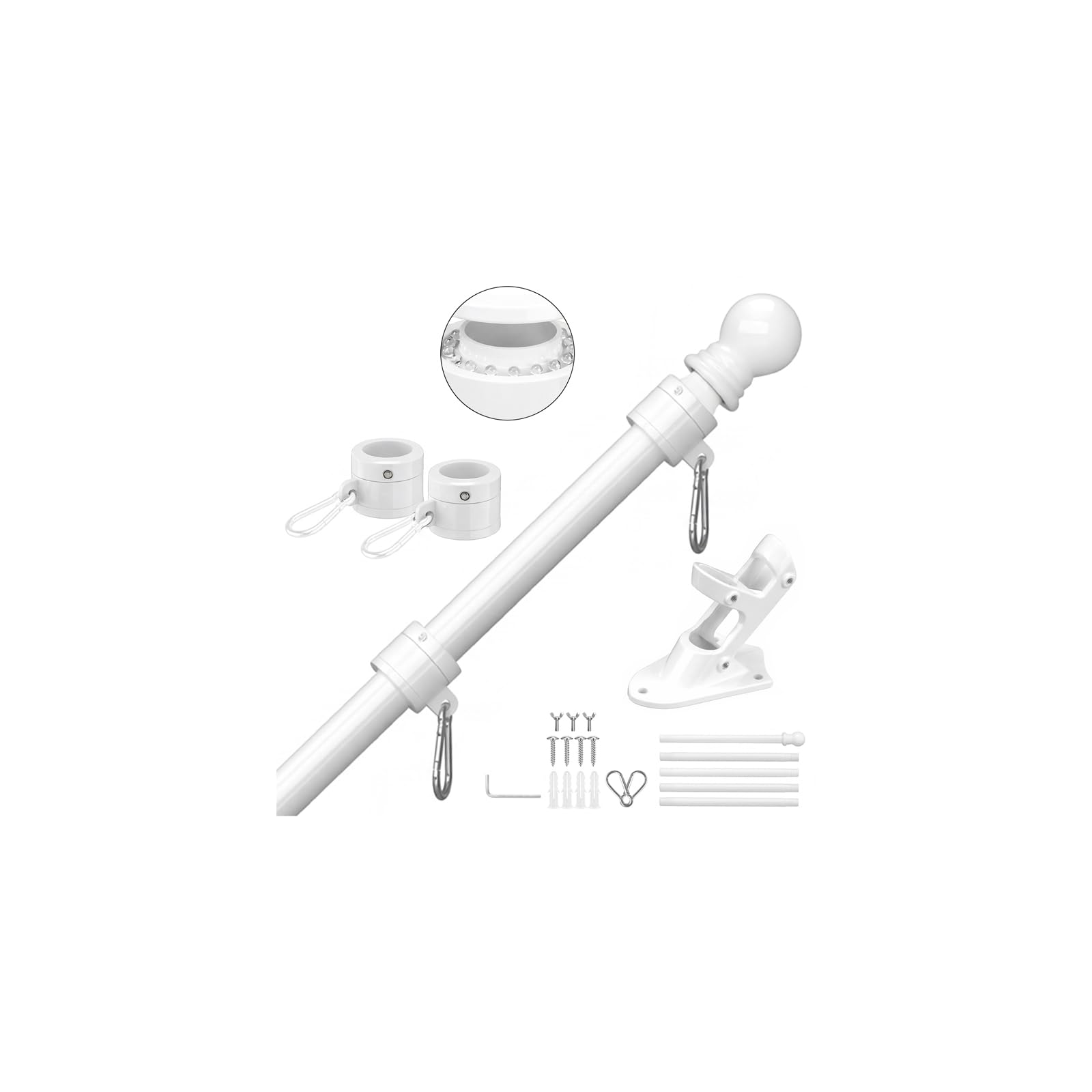 White Flag Pole for Outside House, 6 FT Stainless Steel No Tangle Spinning Residential Flagpoles & Two-Position Flag Pole Holder Brackets Mounting for USA Outdoor Flags for Porch(Without Flag)