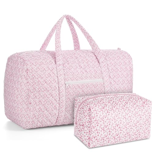 2 Pack Floral Travel Duffel Bag Large Quilted Travel Duffle Bag and Pink Floral Makeup Pouch Portable Gym Lightweight Weekender Organizer with Zipper Pockets Grocery Pouch for Women