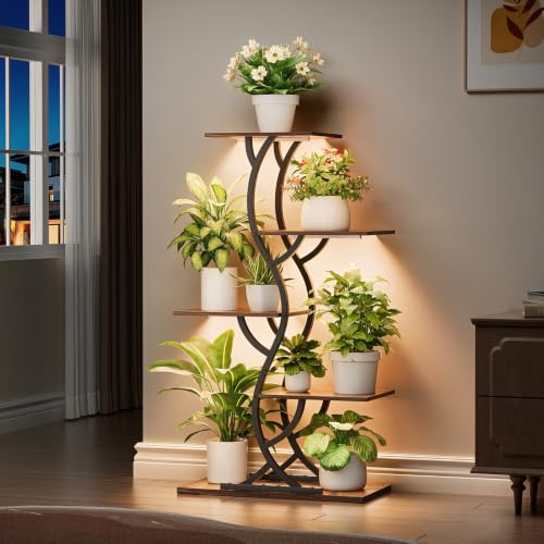 Image of Plant Stand Indoor with Grow Lights - 5 Tiered Corner Plant Shelves (Brown) | 44 inch Tall Metal Plant Shelf, S-Shape Lighted Flower Holder Dispaly Rack for Living Room, Home, Patio, Balcony