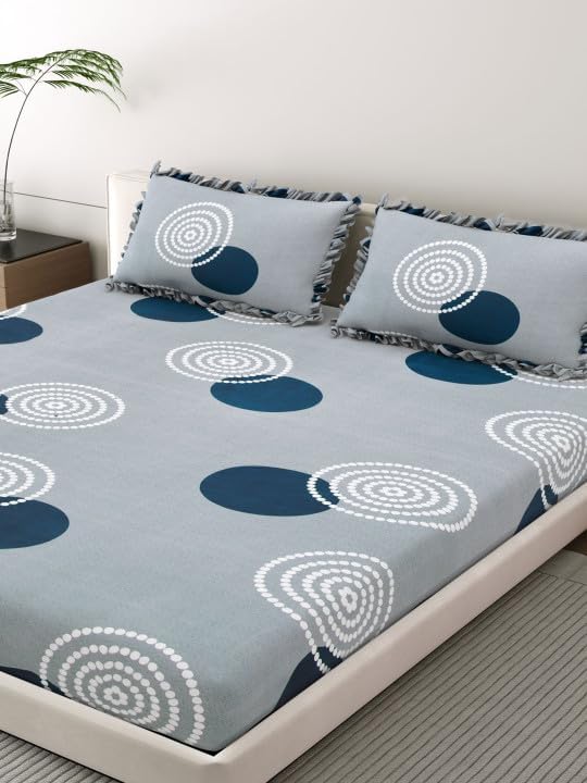 Image of King Size Fitted Bedsheet for Double Bed | 300 TC Cotton Feel Microfiber | All Around Elastic with 2 Frill Pillow Covers | Soft & Durable | (GrayGolaFrill, Fitted - 72 x 78 Inch King)