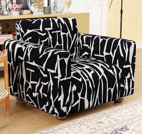 Image of Lukzer 1 Seater Black & White Design Universal Sofa Cover | 360 Fully Covered Anti-Slip Washable Couch Cover Protecter | 140 GSM Stretch Fit Polyester + Spandex Slipcover (90-140cm /SC-026-01)