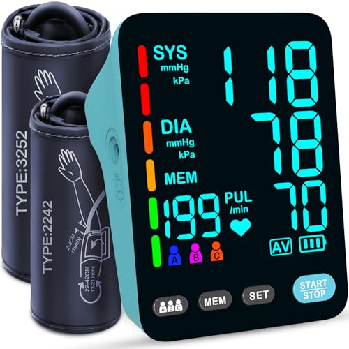 Image of Blood Pressure Monitor, Automatic Upper Arm Blood Pressure Monitors for Home Use, 2 Blood Pressure Machine Cuff(9-17in & 13-21in) with Large LED Backlit Display, 3x199 Reading Memory Light Blue