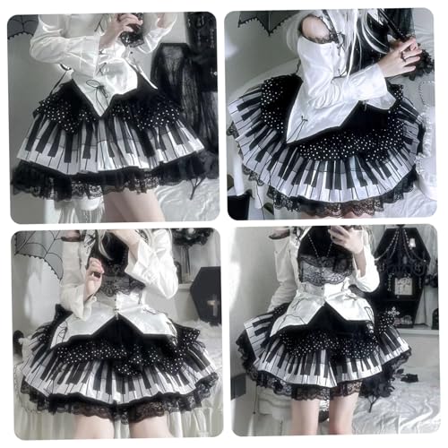 Piano Skirt, Womens Piano Key Trendy Lace Pleated Cute Skirts with Elastic Waist, Black and White4