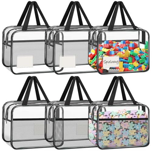 yazi レゴ収納バッグ 透明おもちゃオーガナイザー ファスナー付き 玩具収納ボックス ラベルと説明ポケット付き 6個セット 再利用可能 防水 子供のおもちゃオーガナイザー ボードゲーム・ブロック・パズル分類整理簡単 小物入れケース