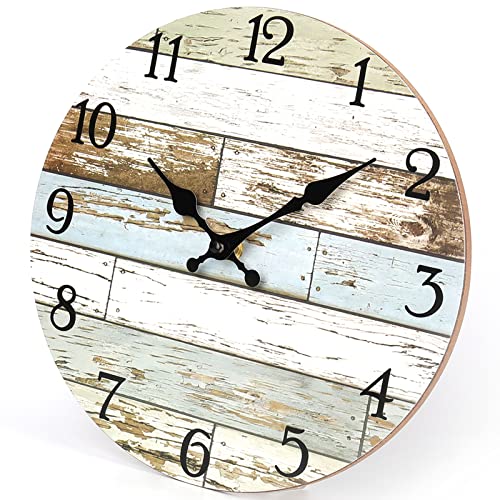 Indoor Outdoor Clock - Outdoor Wall Decor For Patio Pool Porch Home,Rustic Country Wooden Decorative Wall Clocks Battery Operated Quality Quartz Silent - 12 Inch Brown & Blue #TOP2