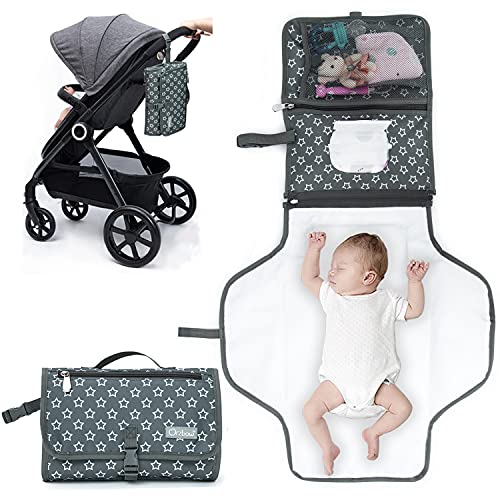 Orzbow Portátil Cambiador,Impermeable Cambiador de Pañales Portátil con Bolsillos y Almohada, Lavable Plegable Kit Cambiador Bebe Viaje,Esterilla de Quita Completamente Acolchado para Nacidos (Gris)