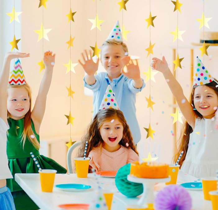 Image of Gold Glitter Star Garland Hanging Decorations, Streamer Bunting Banner Decorations,65 Feet, Twinkle Star Backdrop for Graduation, Birthday, Wedding, Christmas Party, New Year (Gold)