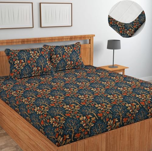 Image of NHD HOME Premium Cotton Elastic Fitted Bedsheets with 2 Pillow Covers Double Bed All Around Elastic Supersoft Size - 72 x 78 +8 inches Navy Blue 200 tc - 220 tc