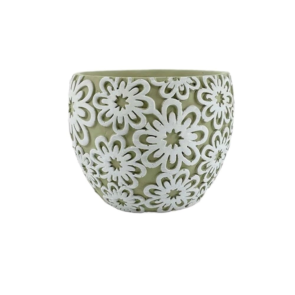 Kx9lb8d One Color Flower Planters Round Cement Flower Pot, Embossed Pattern Flowerpot With Green Background And White Flowers, With Drainage Hole, For Balcony Garden Office