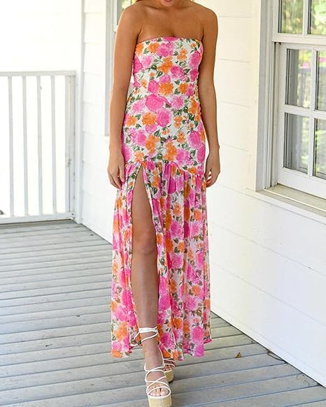 Image of Women 's Tube Top Dress Sleeveles Strapless Backless Mesh Patchwork Tropical Leopard Print High Slit Maxi Dress