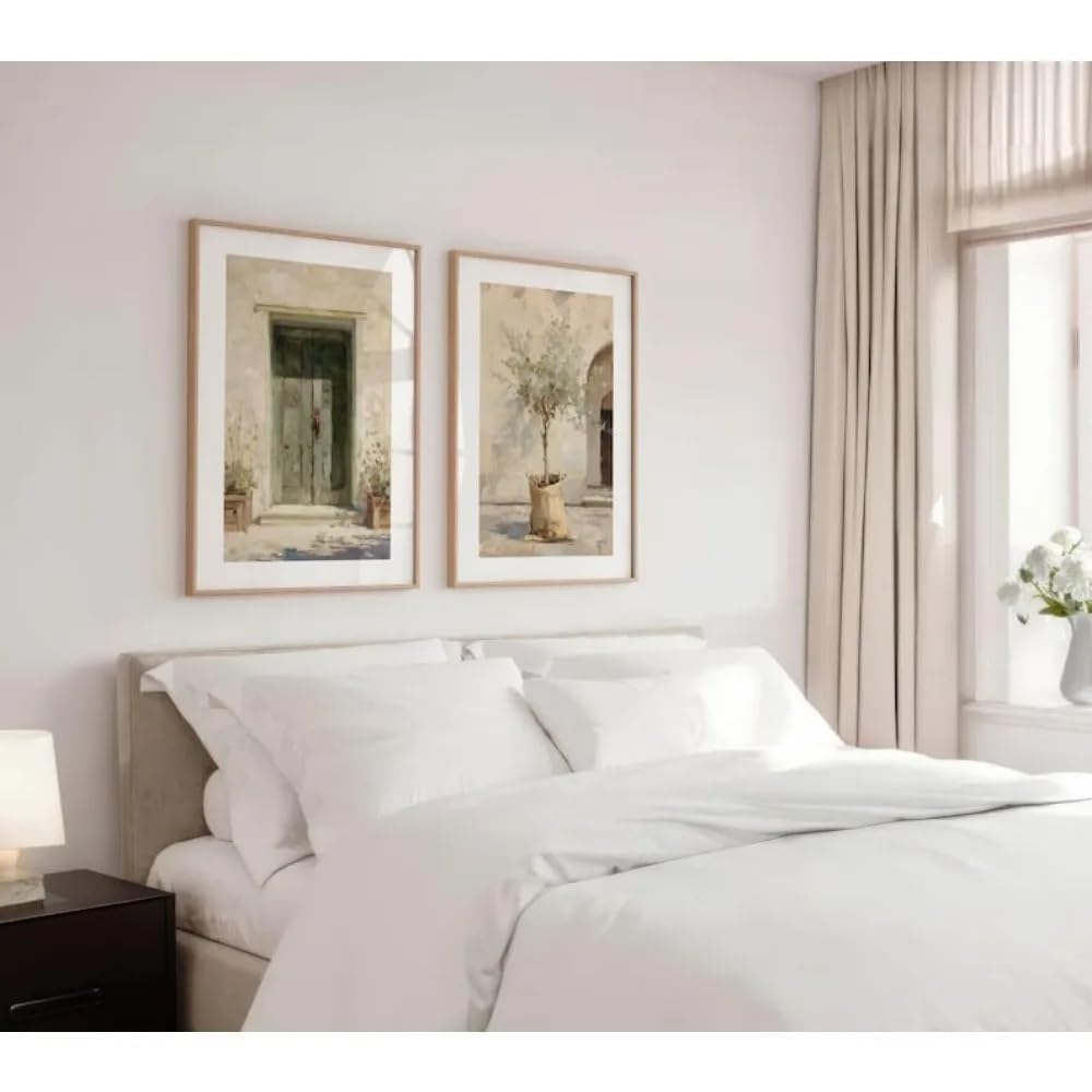 GOSRD Mediterraner Innenhof, Kunstdruck auf Leinwand, Olivenbaum-Motiv, Wanddekoration fürs Wohnzimmer (70 x 100 cm - 2 Stück/Innenrahmen)