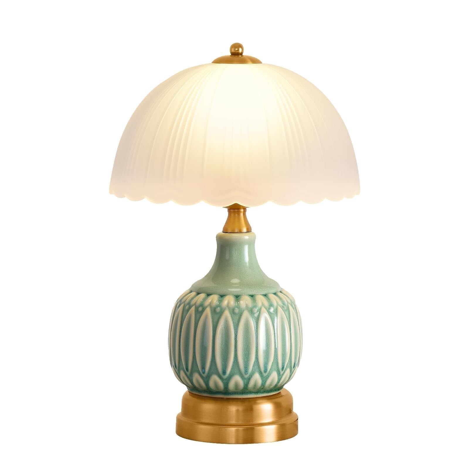 15.7" Retro Green Ceramic Table Lamp with Glass Lampshade, S