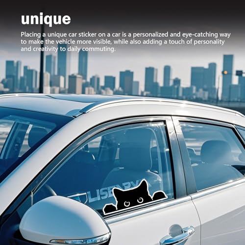 Image of Funny Car Stickers, Waterproof Peeking Sneaky Cat Sticker, Self-adhesive Cute Black Cat Decals, 5.5 inch x 2 inch Curious Peeking Kitty Cat Decal for Cars, Trucks, Window, Laptop, Wall (White)