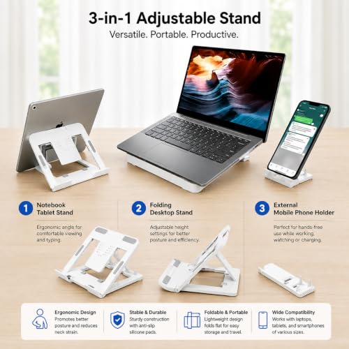 Image of 2-in-1 Laptop Stand and Mobile Stand, Ergonomic, 5 Steps Adjustable Height, Anti-Slip Base, Heat Dissipation, Portable, Lightweight, Compatible with All Laptops