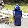 Glitzhome Ceramic Outdoor Water Fountain with LED Light Oversized Artichoke Pedestal Water Fountain with Submersible Pump Patio Fountain Waterfall for Garden Patio Deck Porch, Cobalt Blue, 35.75" H