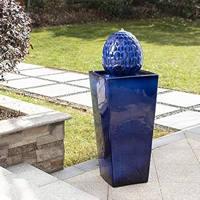 Glitzhome Ceramic Outdoor Water Fountain with LED Light Oversized Artichoke Pedestal Water Fountain with Submersible Pump Patio Fountain Waterfall for Garden Patio Deck Porch, Cobalt Blue, 35.75" H