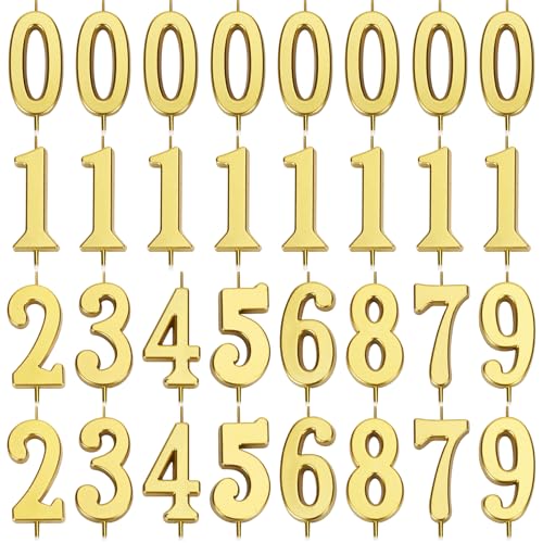 32 Pezzi Candele con Numeri di Compleanno da, Candeline con Numeri da 0 a 9 per Torta con un Supporto Sotto Ogni Candela con Numeri Dorati Candele con Numeri Universali per Torta