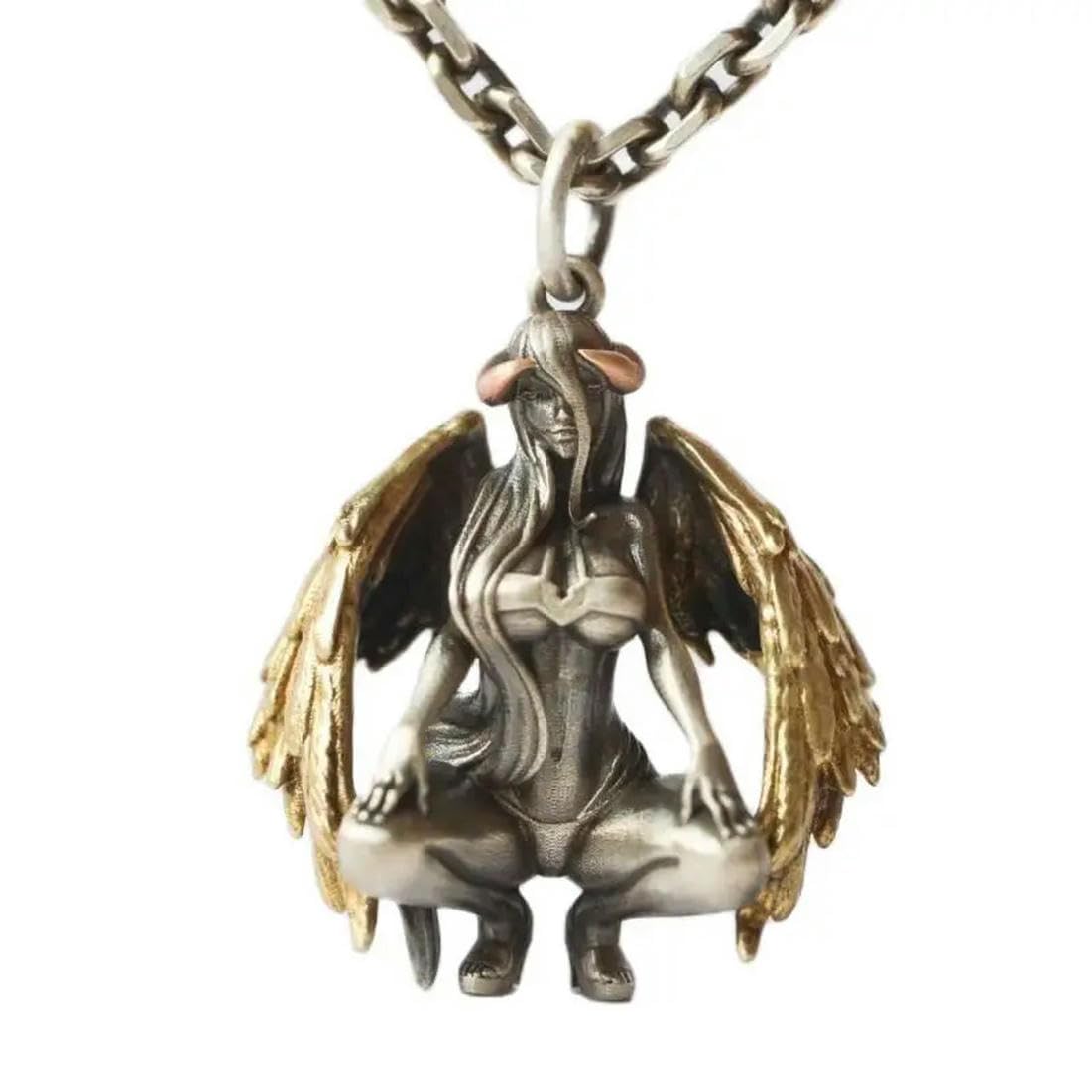 Caiduoduo Retro Punk Stil Geflügelter Teufel Engel Anhänger Sexy Göttin Halskette für Männer Frauen Persönlichkeit Glücksbringer Schmuck