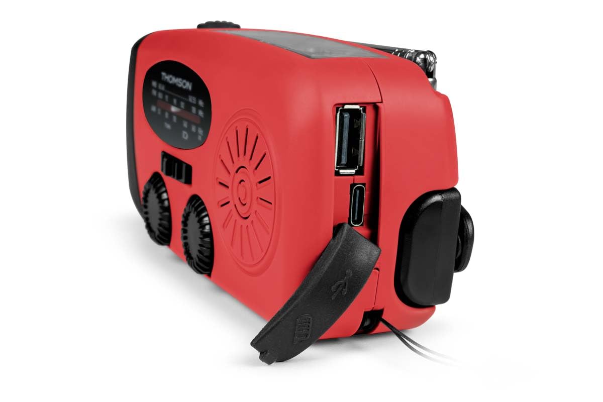 Radio FM Solaire Portable RT260,eclairage LED, Bouton SOS Alarme,Dynamo pour Recharge Manuelle, Recharge USB Batterie 2000 mAh, Charge d'appoint Smartphone (Rouge)