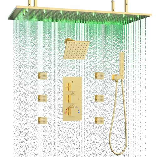 Enga Sistema termostático de cabezal de ducha doble, 15.7 x 31.5 pulgadas, ducha LED de lluvia con cabezal de pared de 6 pulgadas, 6 chorros de cuerpo con interruptor de encendido/apagado, juego de