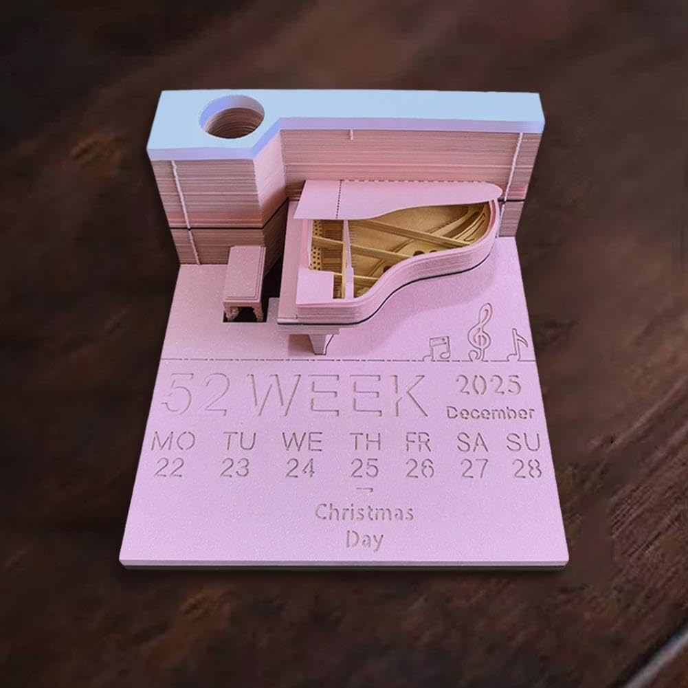 Notes samoprzylepny 3D Paper Sculpture Art, Odrywany kalendarz Fortepian Kalendarz 2025 Notatnik 3D Pad prezentowy Artykuły biurowe Wygodne naklejki Bloki noworoczne(Piano,Pink)