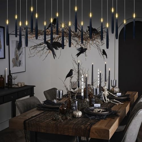 Image of GenSwin Flameless Floating Candles Wand Halloween Decorations Black 22pcs | 6H Timer, Battery Operated Hanging Window Candles, 24 Sticky Hook & Glue Dots, 0.45 x 6.1 In, 4.9 Ft Fishing Line