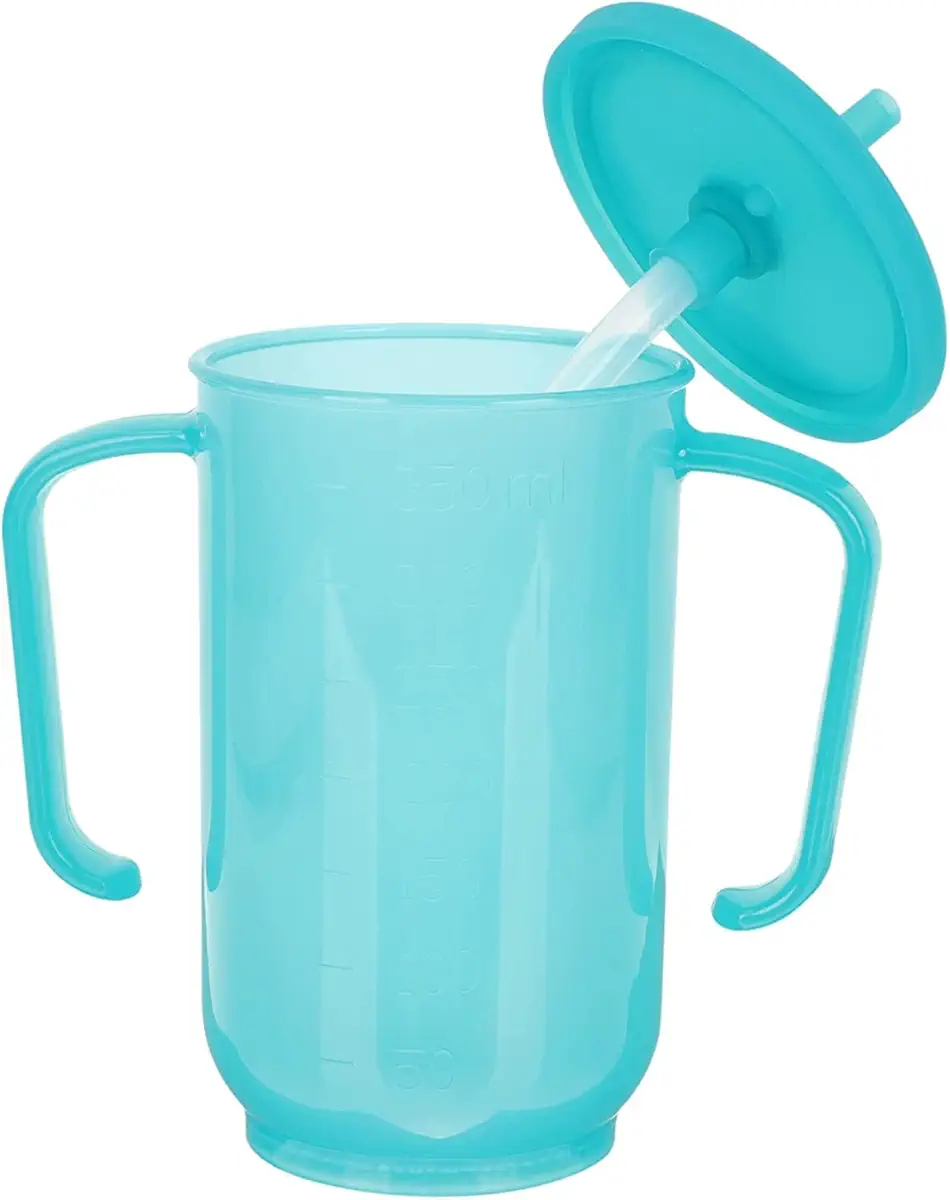 VOPHIA Drinking Beaker Cup for Disabled Adults, Convalescent No Spill Feeding Cup with Straw for Elderly Maternity Drink Water Porridge Soup 350ml (Blue-2)