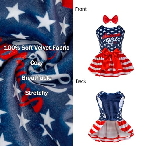 Image of CuteBone Dog Dresses Velvet 4th of July Small Dogs Clothes Onesie Pet Apparel Girl Puppy Skirt with Bow Hair Rope