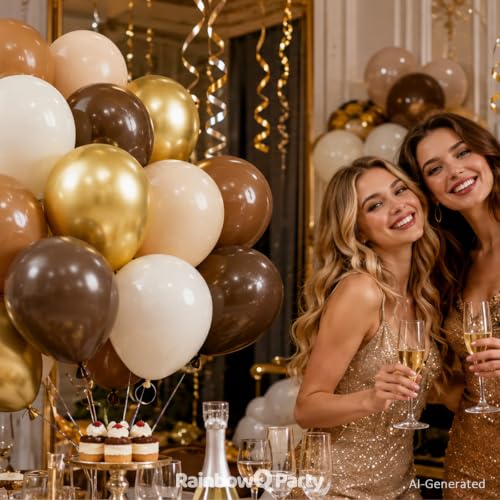 Image of RainbowQ Brown and Gold Balloons: 67PCS 12 inch Tan Sand White Metallic Gold Latex Helium Coffee Balloons Set for Anniversary Wedding Birthday Party Decorations