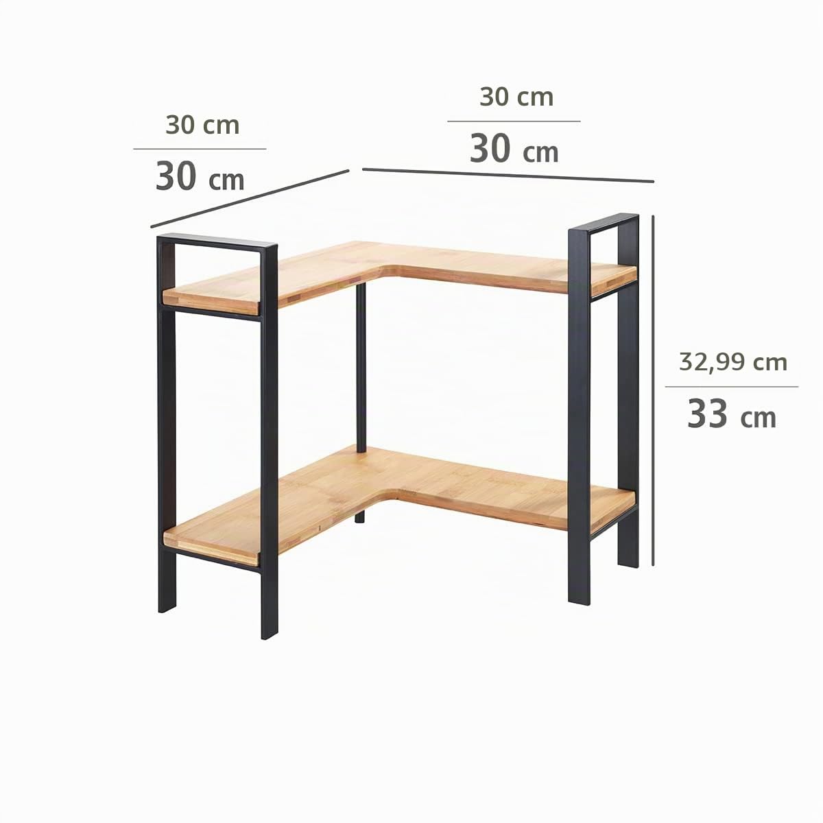 WENKO Étagère de cuisine angulaire Lou, étagère pour plan de travail, en métal avec planches en bambou, à deux étages pour gagner de la place en cuisine (l x h x p) : 30 x 33 x 30 cm, noir/brun clair