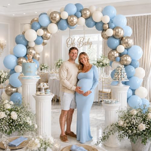 Image of Dusty Blue Balloons, 55 PCS 12 Inch Baby Haze Blue Balloon Sand White Balloons with Metallic Gold Balloon for Boho Baby Shower Birthday Wedding Bridal Shower Gender Reveal Party Decorations