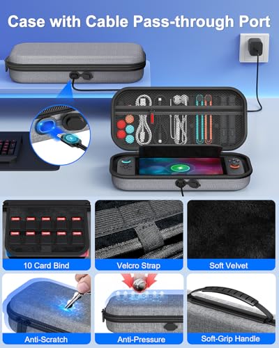 Image of Switch 2 Accessories, Case Budle with Charger, Grip & Wheel for Nintendo 2 | FYOUNG [Charge Inside] Travel Hard Case, Charging Dock, Ergonomic Grip&Steering Wheel for Mario Kart,Tempered Glass -Grey
