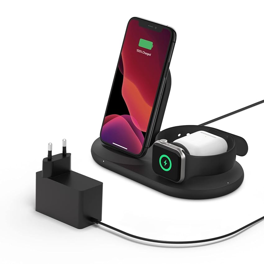Immagine del prodotto Belkin Caricabatteria wireless 3 in 1, stazione di ricarica da 7,5 W, dock per iPhone 15, 14, 13, Apple Watch ed AirPods e altri - Nero