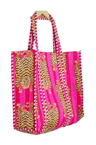 Image of Quilted Cotton Hand printed Reversible Large multicolor cotton Tote Bag,Indian Handmade Block Printed Tote Bag Women Handbag
