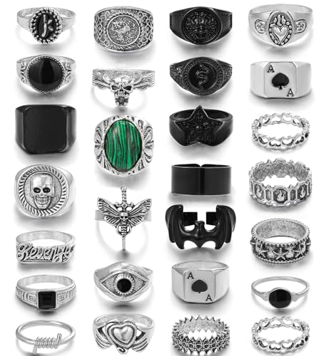 YANJINMY 27 Pcs Vintage Silver Punk Rings for Men Cool Gothic Chunky Rings Set Men's Signet Skull Snake Bat Statement Knuckle Rings