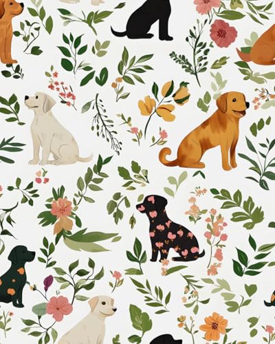 Fvlow Patchwork Dog Floral Wallpaper Peel and Stick 17.4' x 118' Animals Contact Paper Modern Puppy Self Adhesive Covering for Bedroom Cabinet Bathroom Home Decor