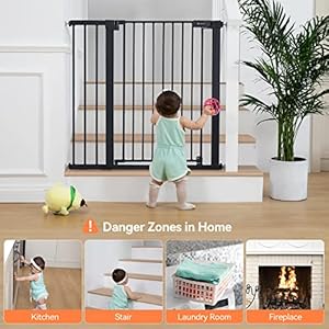 COMOMY 36″ Extra Tall Baby Gate for Stairs Doorways, Fits Openings 29.5″ to 48.8″ Wide, Auto Close Extra Wide Dog Gate for House, Pressure Mounted Easy Walk Through Pet Gate with Door, Black