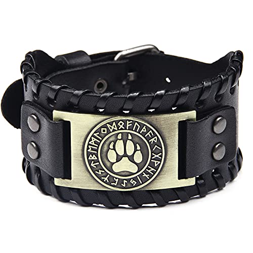Pulsera de cuero genuino con patrón de garra de lobo y brazalete ancho de titanio vintage para hombre
