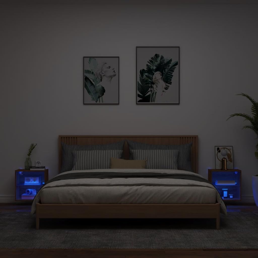 Muebles TV Muebles de Salon Armario cocinaMesitas de Noche de Pared con Luces LED 2 Unidades Roble marrón
