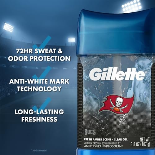 Image of Gillette Tampa Bay Bucs Antiperspirant&Deodorant, 72hr Instant Sweat&Odor Protection, Long Lasting Freshness&Protection, AntiWhite Mark Technology, ClearGel, Fresh Amber Scent, 3.8 Ounce (Pack of 12)