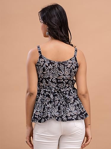 Image of feranoid Women Cotton Printed Sleeveless Strap Peplum Top