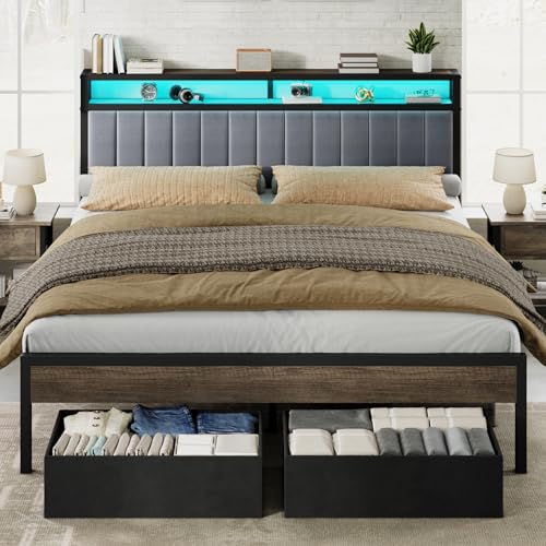 Image of AMERLIFE King Bed Frame with LED Lights & 2-Tier Storage Headboard | Grey, 2 Storage Drawers, Metal Platform Frame, Velvet Upholstery, Heavy-Duty Slats, No Box Spring, Easy Assembly