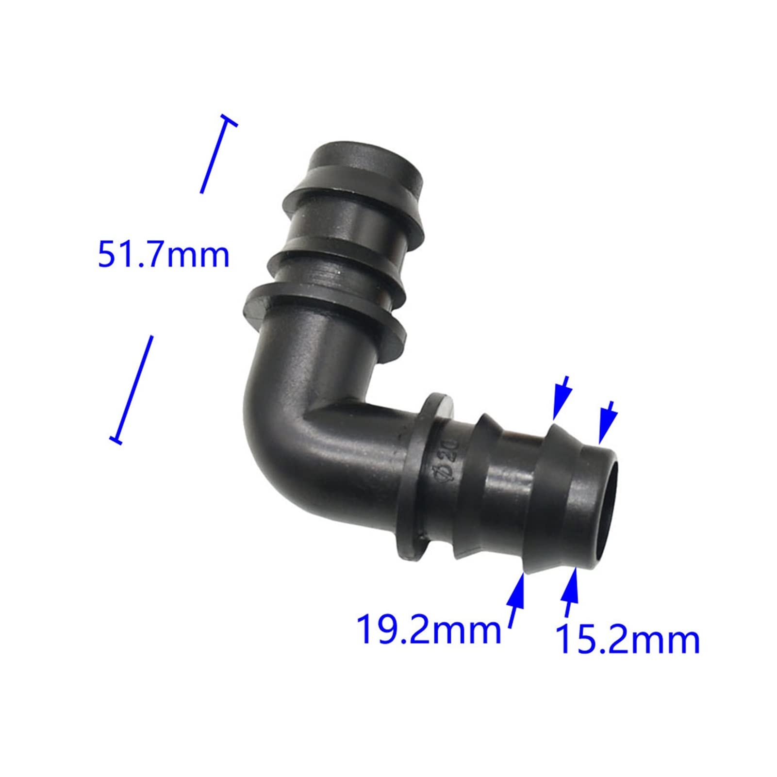 Adaptador de conector de manguera 100 piezas de 16 mm 20 mm de manguera de jardín Conector de codo de codo 1/2 3/4 pulgada EDUCACIÓN FÍSICA Conector de la tubería de agua de la manguera de 90 grados