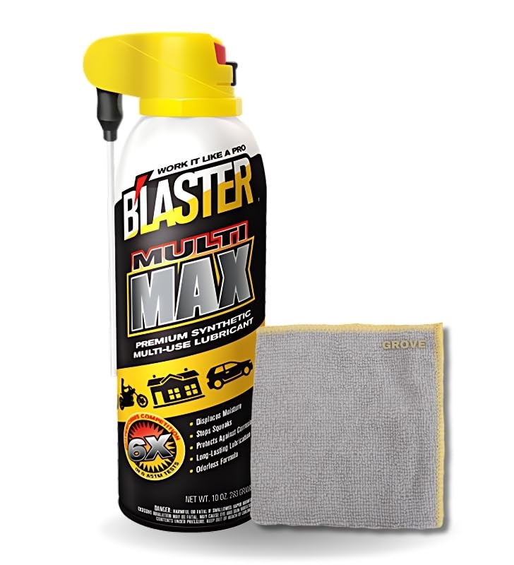 Blaster Multi-Max Lubricant Spray 10 oz Bundle with Microfiber Cloth - Protects Against Corrosion - Stops Squeaks for Hinges, Chains, Lawn Equipment, and Garage Doors - (2 Items)