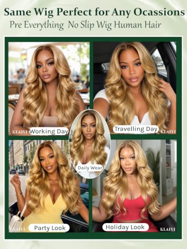 Image of KLAIYI Bye Bye Slip Ombre Honey Blonde Loose Body Wave Precut 7X5Lace Front Human Hair Wig with Brown Roots Drawstring Glueless Ready to Wear and Go Wig Face Framing Pre Plucked Bleached Knots 20Inch