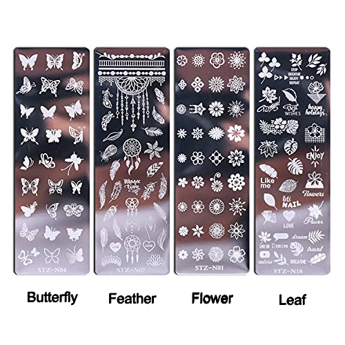 Nail Stamp Plate Kit 6 Pcs Nail Stamping Plates + 1 Stamper + 1 Scraper Butterfly Flower Feather Flowers Maple Leaves Roses Nail Plate Template For Women Retro Fashion Art Decoration #TOP3
