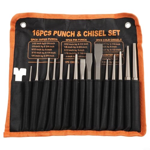 Lot de 12 poinçons et burins avec sac de rangement suspendu pour le travail du bois en métal – Kit d'outils de poinçonnage central, compatible avec une utilisation en atelier de réparation