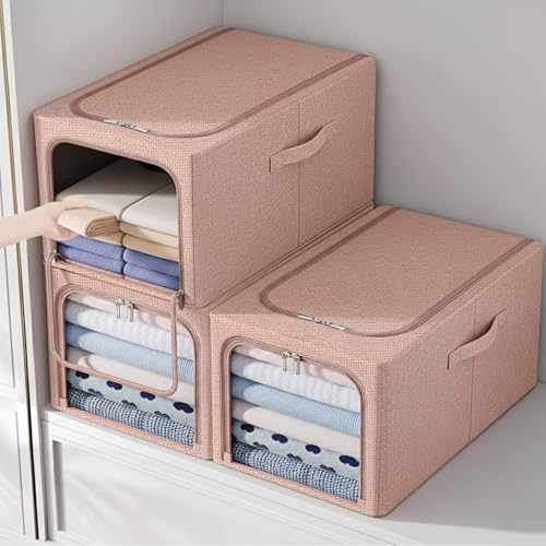 Image of Yellow Weaves 4 Pcs Clothes Organizer for Wardrobe, Foldable, Stackable, Space Saver Closet Basket, Cupboard Almirah Organizer, Storage Box for Clothes (Coral Pink, Regular)