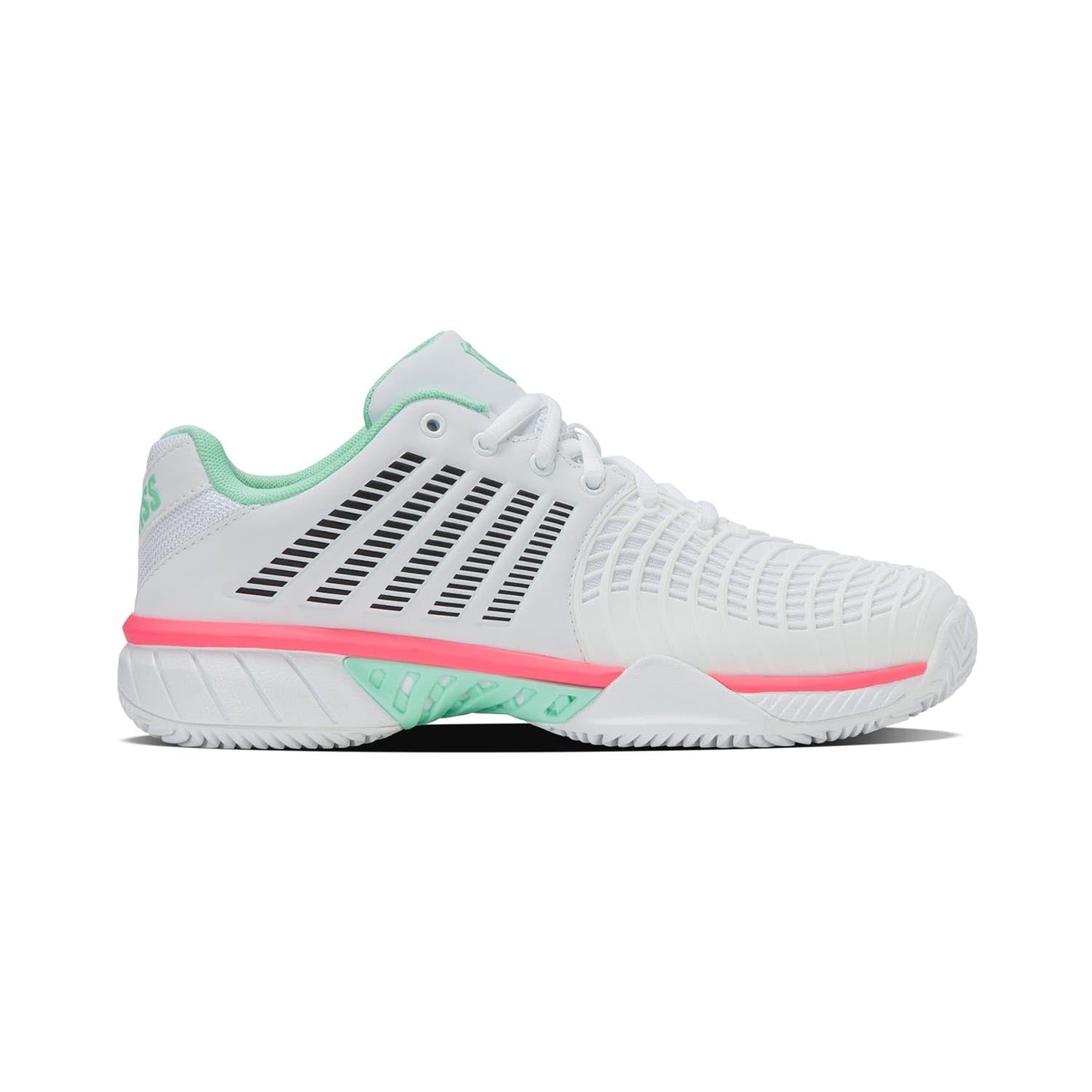 K-Swiss Tennis Women's Express Light 3 Clay Tennis Shoes, White/Neon Mint/Neon Pastel Pi, 3.5
